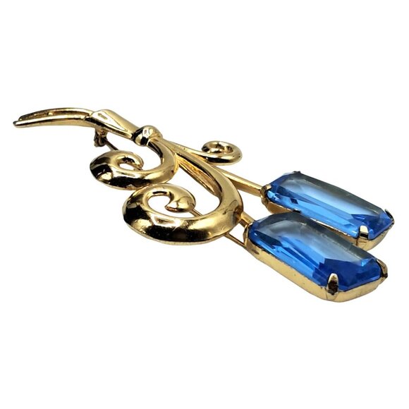 Vintage Gold Tone Floral Brooch With Blue Glass Stones Costume Jewelry - Picture 6 of 11